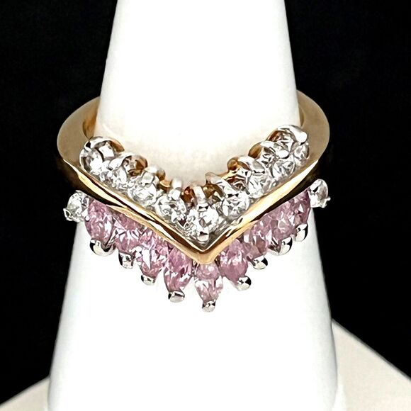 Vintage Ring Size 9 Pink Cubic Zirconia Accents 14K Gold Plate Mid-Century 14V - Picture 1 of 6